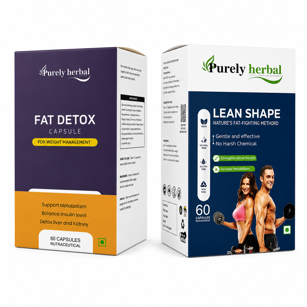 Purely Herbal Weight Management Combo | Fat Detox + Lean Shape Capsules | 60 Capsules Each