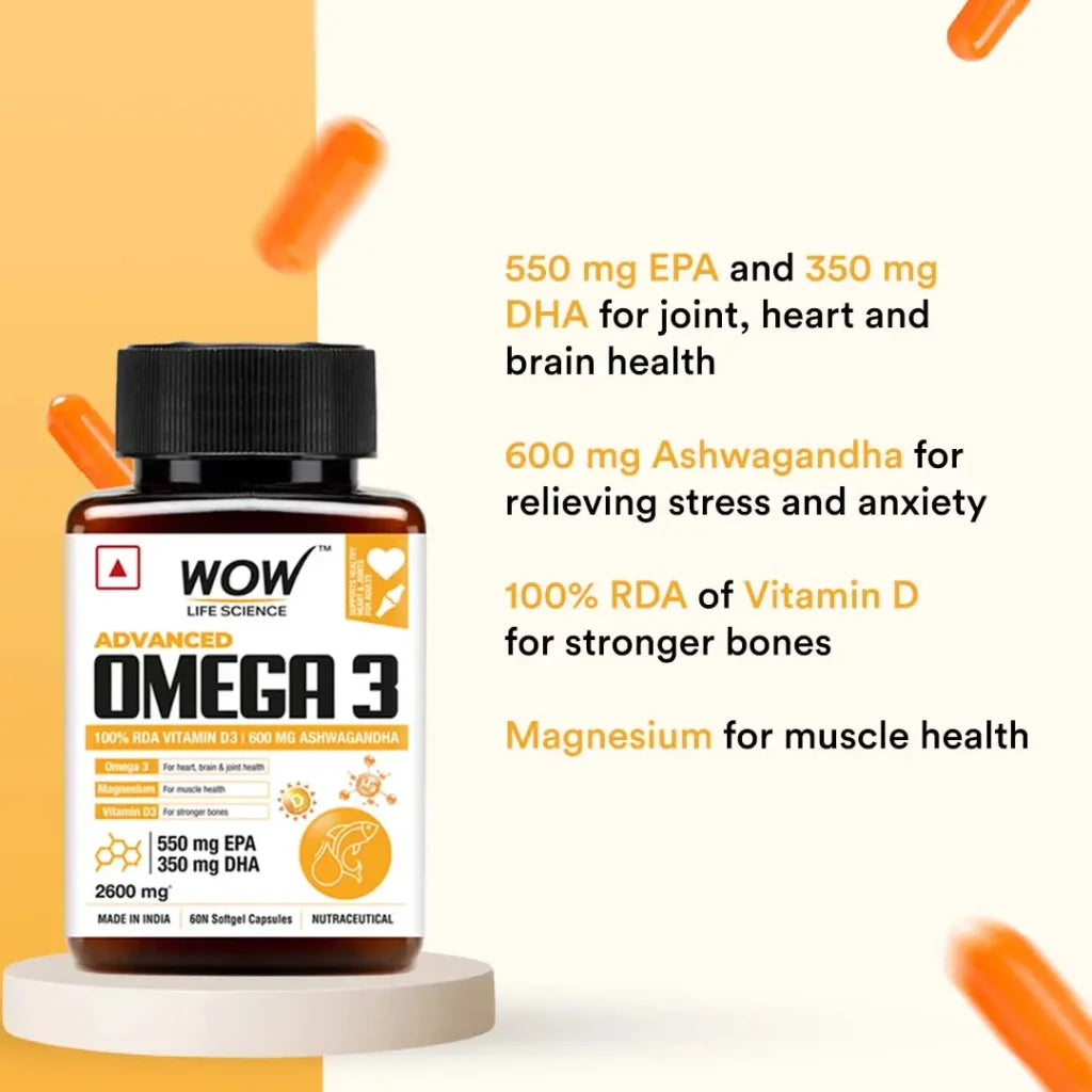Wow Advanced Omega 3 – ( 2600 mg ) Powered By Ashwagandha, Vitamin D & Magnesium – 60N
