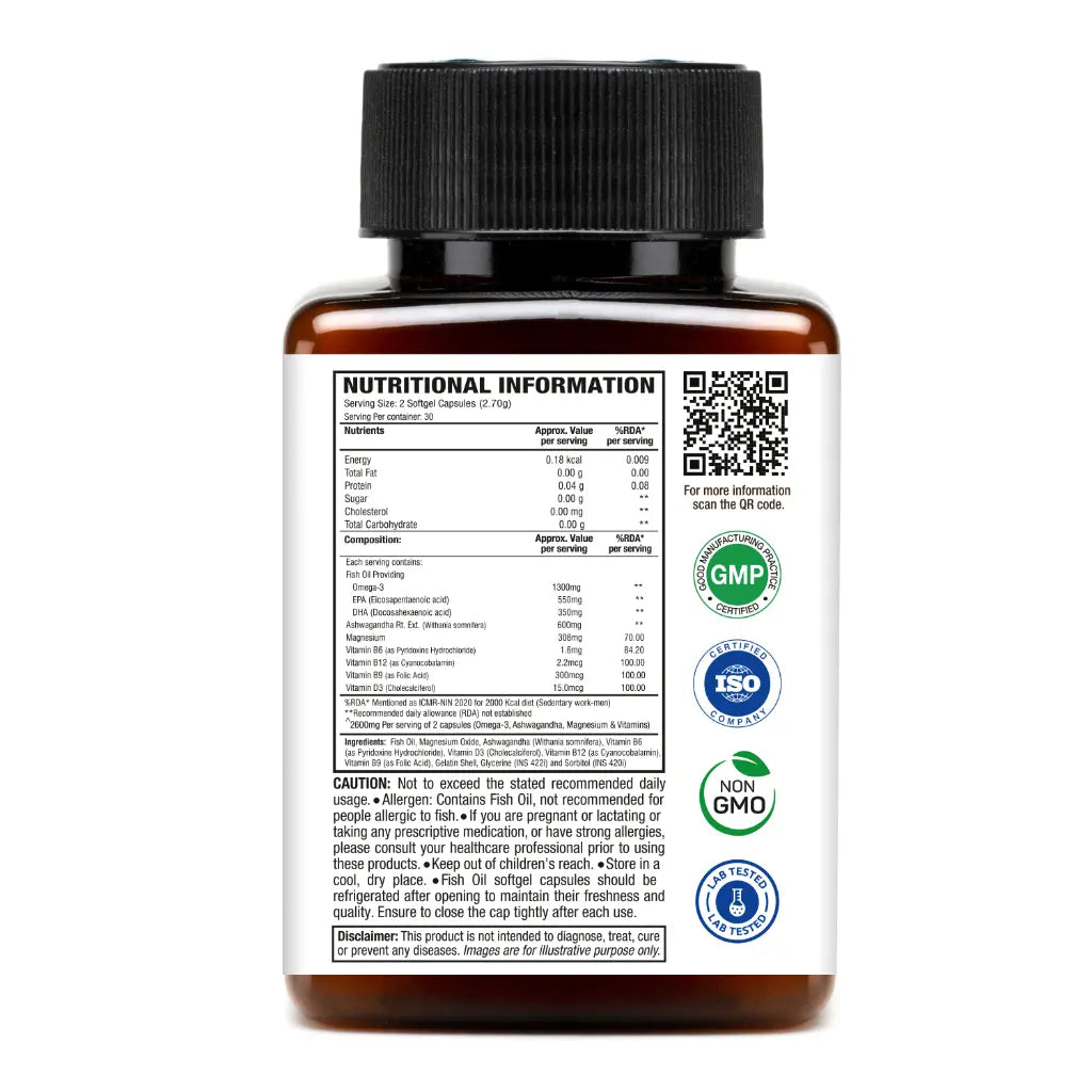 Wow Advanced Omega 3 – ( 2600 mg ) Powered By Ashwagandha, Vitamin D & Magnesium – 60N