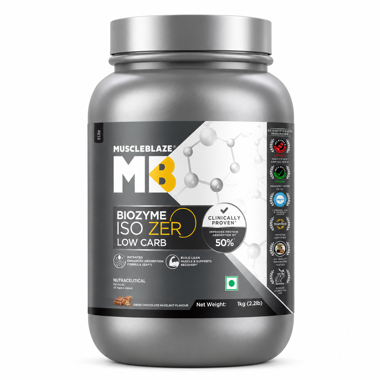 MuscleBlaze Biozyme Iso-Zero Low Carb Whey Protein – Swiss Chocolate Hazelnut | 1kg