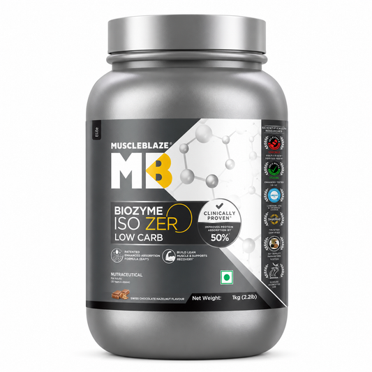 MuscleBlaze Biozyme Iso-Zero Low Carb Whey Protein – Swiss Chocolate Hazelnut | 1kg