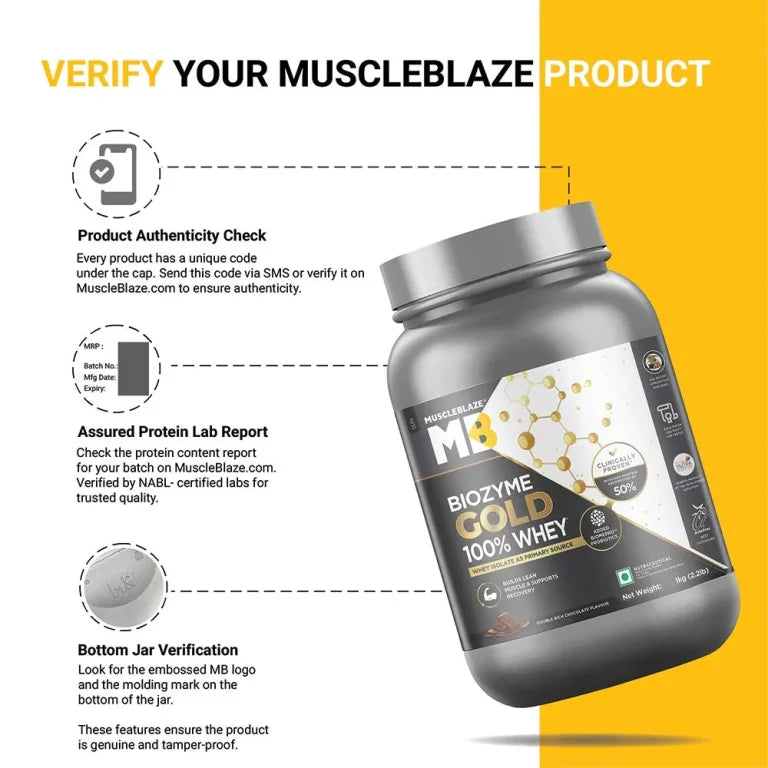 MuscleBlaze Biozyme Gold 100% Whey, 1 kg (2.2 lb), Double Rich Chocolate