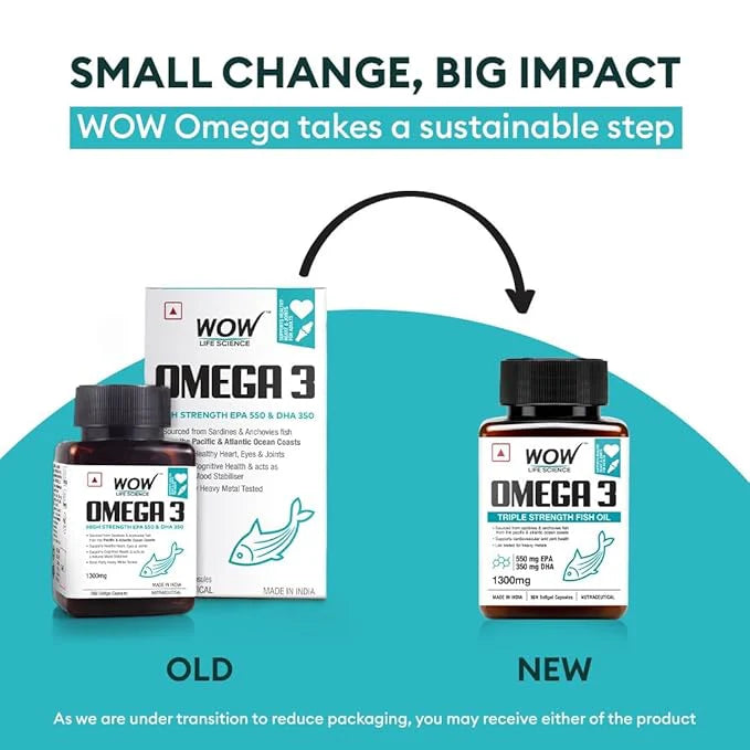 WOW Life Science Omega 3 Softgel Capsule – 1300 mg | EPA & DHA for Healthy Heart, Eyes & Joints – 60 Capsules Triple strength
