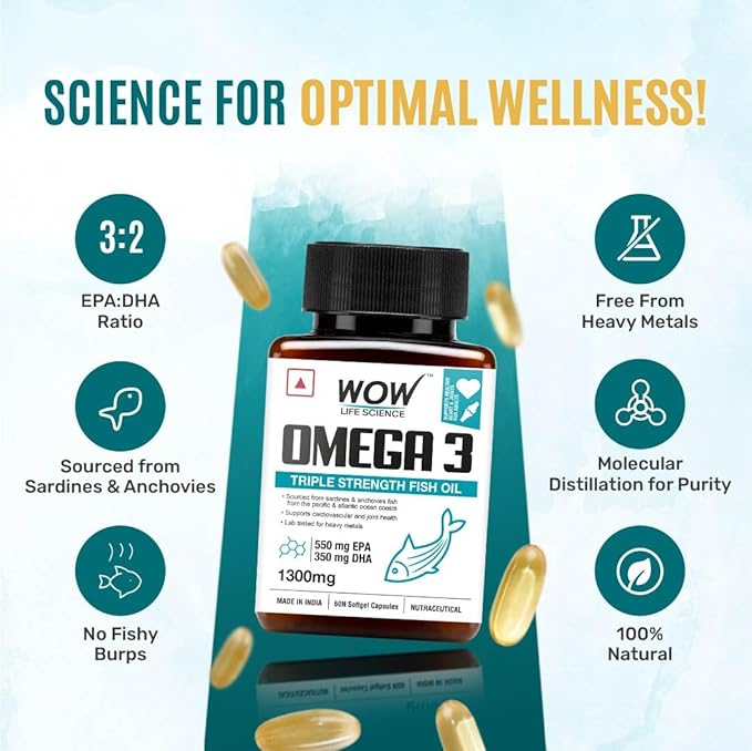 WOW Life Science Omega 3 Softgel Capsule – 1300 mg | EPA & DHA for Healthy Heart, Eyes & Joints – 60 Capsules Triple strength