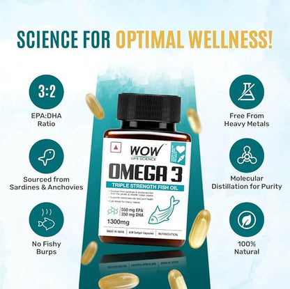 WOW Life Science Omega 3 Softgel Capsule – 1300 mg | EPA & DHA for Healthy Heart, Eyes & Joints – 60 Capsules Triple strength