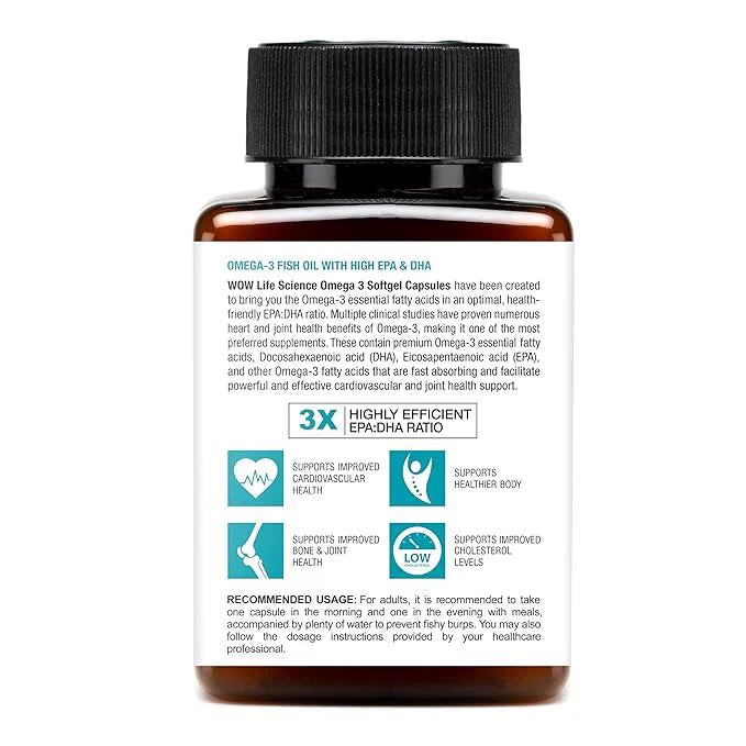 WOW Life Science Omega 3 Softgel Capsule – 1300 mg | EPA & DHA for Healthy Heart, Eyes & Joints – 60 Capsules Triple strength